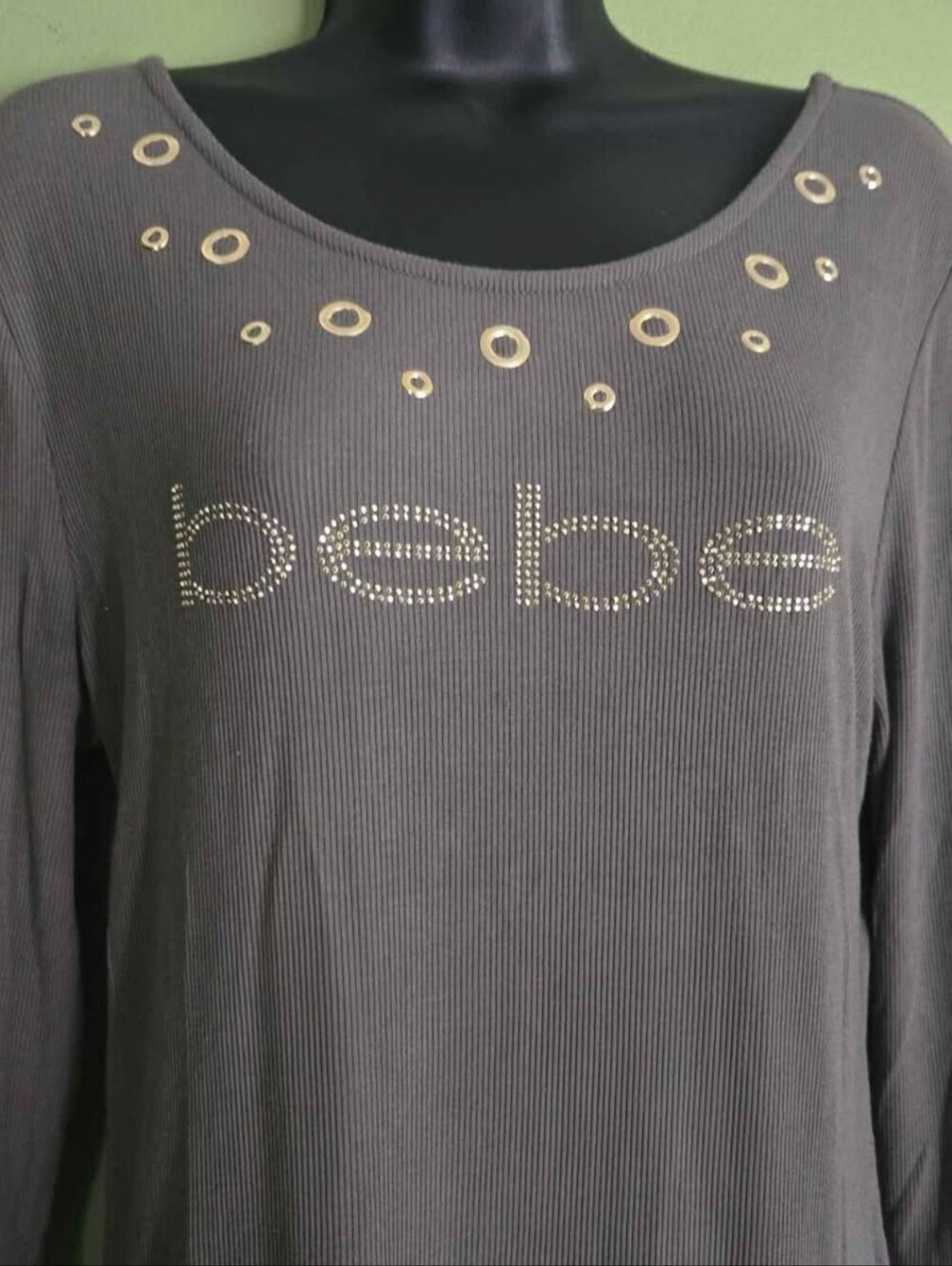 Bebe Olive Green Rhinestone Logo Long Sleeve Scoop Neck Top